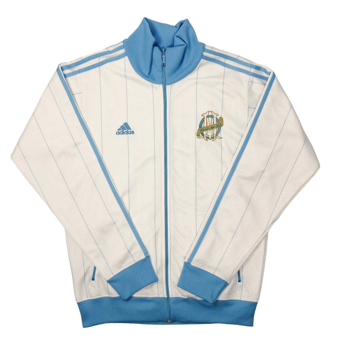 Olympique Marseille Adidas Track Jacket 2009/10 in Weiß und Blau – Vorderansicht